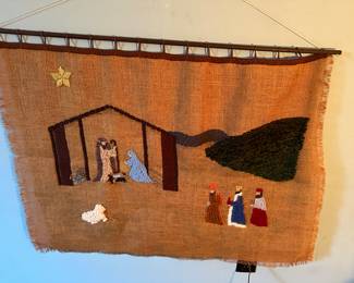 Burlap crewel work Nativity