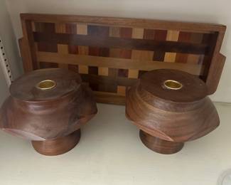 Walnut Candlesticks and wood tray