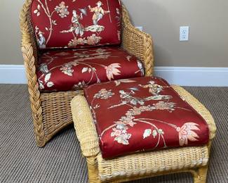 Woven Wicker Arm Chair And Ottoman With Designer Red And Gold Chinoiserie Toile Fabric
