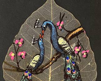 Indian Folk Art Hand Painted Pipal Leaf With Peacock Decoration
