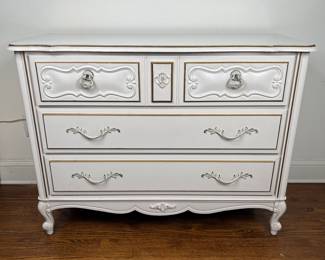 Vintage Lea French Provincial, Louis XV Style White Painted And Gilt Decorated Chest Of Drawers
