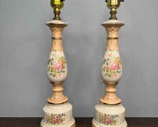 Pair Of Vinate Floral Decorated Porcelain Baluster Form Boudoir Lamps
