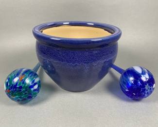 Blue Painted And Glazed Ceramic Planter With Two Glass Watering Bulbs
