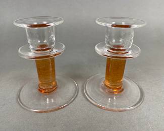 Pair Of Signed Art Glass Candlesticks
