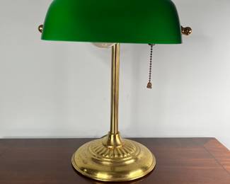Vintage Brass Bankers Lamp With Emerald Green Shade
