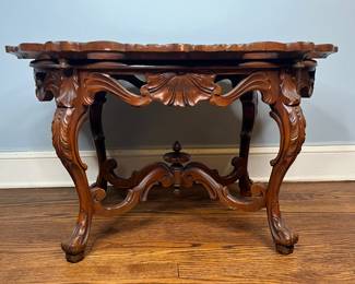 Antique Rococo Style Carved And Inlaid Coffee Table With Glass Tray Top
