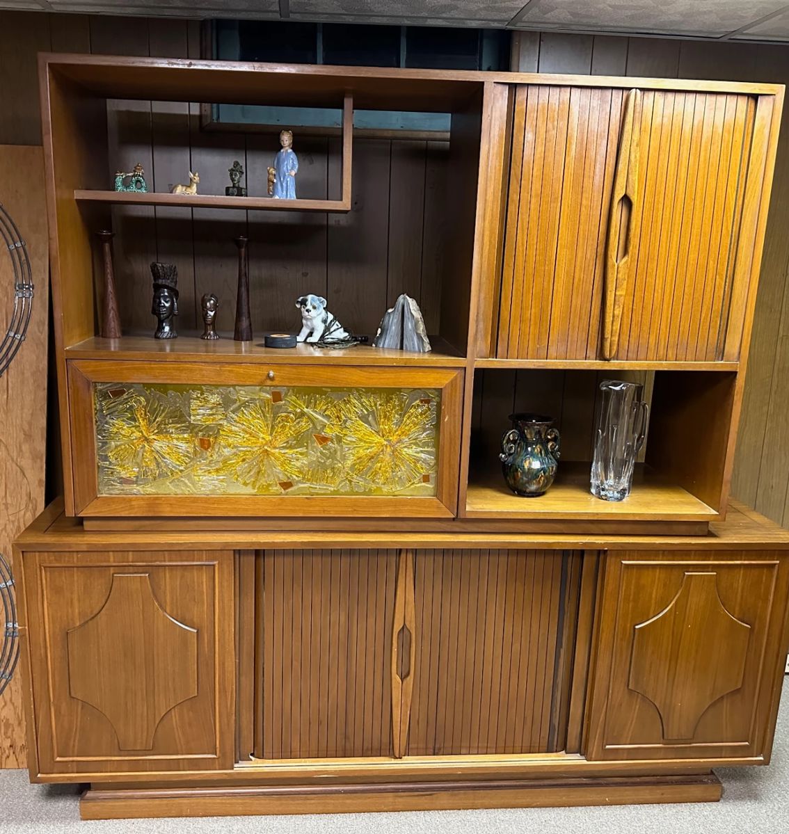 Mid Century Credenza w/ Stained Glass and Tambour Doors