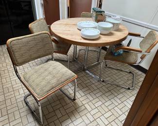 Mid Century Marcel Breuer Cesca Chairs and Butcher Block Dining Table w/ Chrome Base