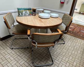 Mid Century Marcel Breuer Cesca Chairs and Butcher Block Dining Table w/ Chrome Base