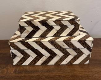 Decorative Stacking Boxes in Brown & White Chevron Pattern.