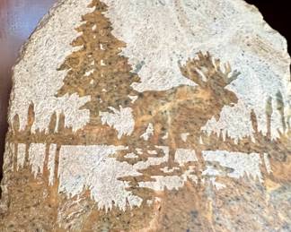 Etched slab stone woodland art