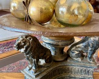 Amber glass bowl on bronze lion pedestal centerpiece