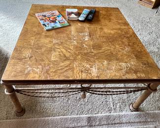 Metal square coffee table with checkerboard wood top 