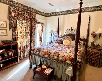 Queen size 4-post bed with wicker headboard (bed linens and window treatments also for sale)