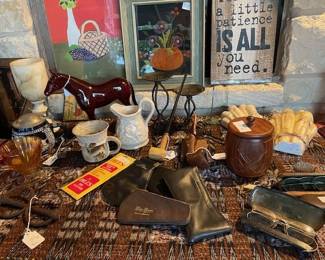 Smoking pipes, pouches, eyeglasses, wall pockets other country collectables