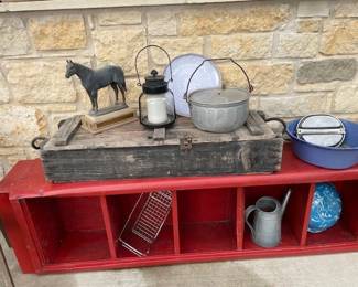 red metal cabinet and misc vintage