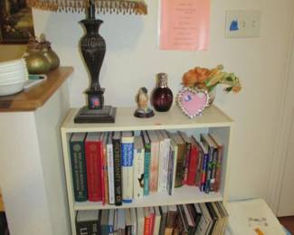 book shelf, books, lamp