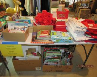 holiday bags, bows, ribbon, wrapping paper