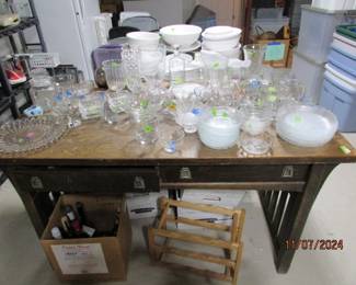 library table, wine rack, assorted glassware