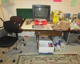 table, older TV, office chairs, sewing notions