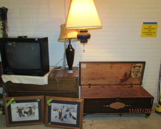 cedar chest, older TV, retro hanging lamp, chest of drawers