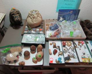 wooden eggs, costume jewelry, old bank