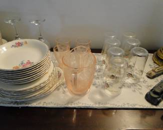 Depression glass pitcher, and other vintage items