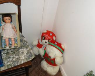 Couple of Santa Bears sitting together in the corner waiting to find a new home
