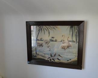 Vintage piece of Flamingo art with solid wood, hand carved mirror