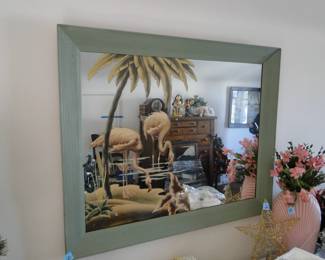 Flamingo mirror with wood frame, classic vintage piece