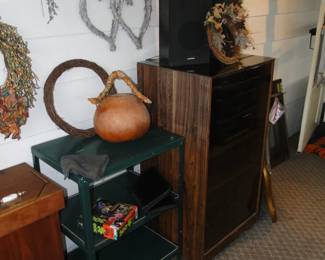 Vintage green metal shelving unit, and stereo system too