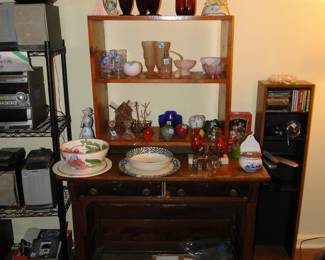 Antique desk, small shelving unit on the desk, and lots of great vintage small pieces too