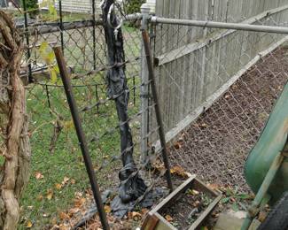 Bunch of random items, behind the garage, in the corner of the yard