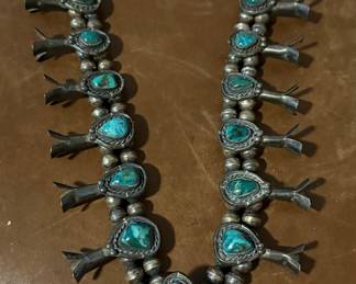 Amazing Pawn Native American Turquoise Squash Blossom Necklace
