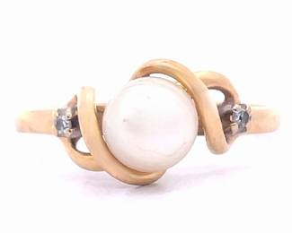 White Cultured Pearl & Natural Diamond Three-Stone Infinity Ribbon Ring in 14k Yellow Gold