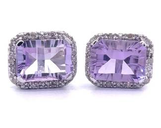 Emerald Cut Amethyst & Natural Diamond Halo Stud Earrings in White Gold
