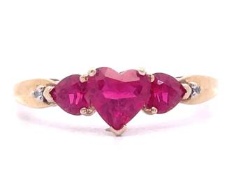 Three-Stone Heart Ruby & Natural Diamond Ring in Yellow Gold