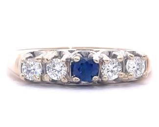 0.43 Carat Blue Sapphire & Natural Diamond Five-Stone Anniversary Ring in 14k Yellow Gold