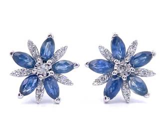 0.15 Carat Natural Diamond & Blue Sapphire Cluster Flower Bloom Earrings in White Gold