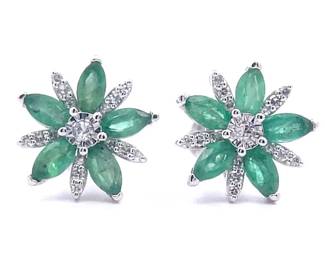 0.15 Carat Natural Diamond & Emerald Cluster Flower Bloom Stud Earrings in White Gold