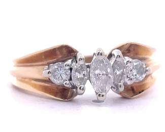 Natural Diamond Marquise & Round Brilliant Five-Stone Scalloped Ring in 14k Yellow Gold