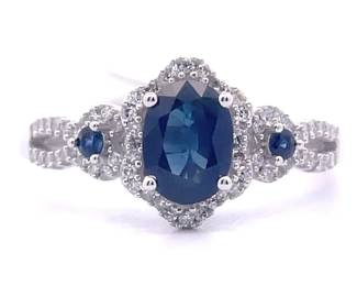 1.26 Carat Blue Sapphire & Natural Diamond Three-Stone Halo Split Shank Infinity Ring in 14k White Gold