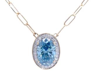 3.20 Carat Oval Fancy Blue & White Diamond Halo Pendant & Paperclip Necklace in 14k Yellow Gold