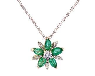 Natural Diamond & Emerald Cluster Flower Bloom Pendant Necklace in Yellow Gold
