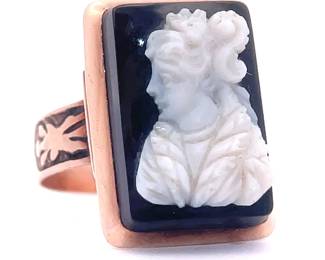 Antique Estate! Portrait Cameo Onyx Tablet Engraved Ring in Rose Gold