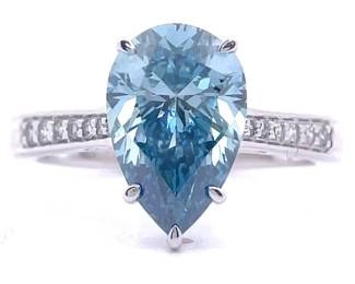4.10 Carat Fancy Blue Diamond Pear Solitaire & Pavé White Diamond Ring in 14k White Gold
