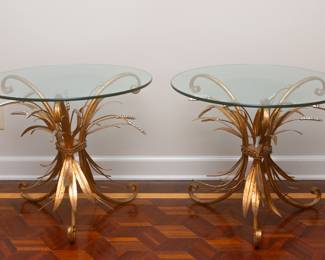 Pair of Matching Coco Chanel Style Sheaf of Wheat Gilded Lamp Tables