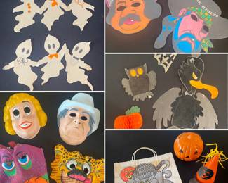 Vintage Halloween masks and other decor 