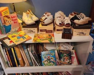 Vintage children books. 1930s toddler shoes