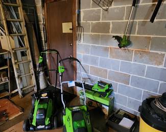 2 mowers, weed trimmer, chainsaw, hedge trimmer, blower batteries and chargers